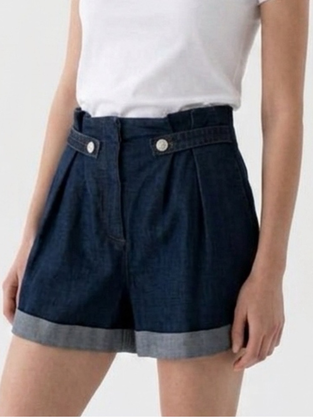 Zara High-Rise Dark Blue Denim Cuffed Women's Shorts, Size Small
